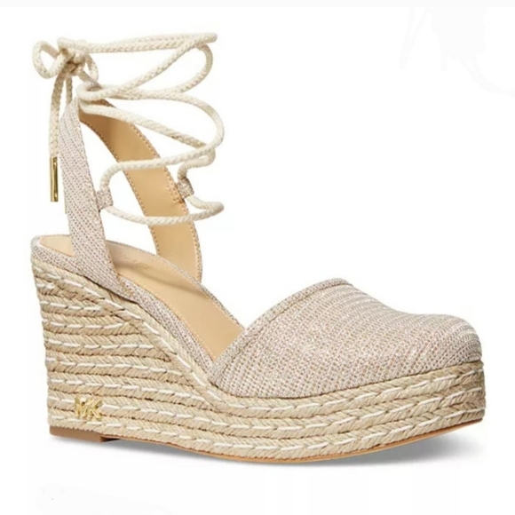 🥳HP🎉NWT Michael Kors Margie Closet Toe Wedge Metallic Canvas - Picture 9 of 12